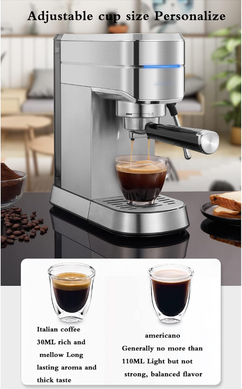 Coffee machine Espresso Machine Fully Semi-Automatic Italian Milk Froth Coffee Machine, 15Bar Pressure, 92° Constant Temperature Extraction, Suitable For Cappuccino Mocha