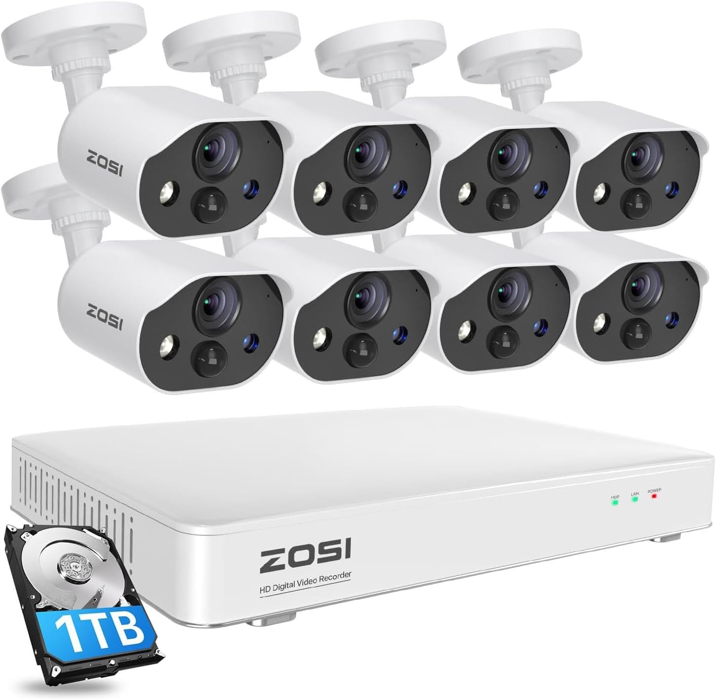 ZOSI 3K Lite Security Camera System with AI Human Vehicle Detection, 8Pcs 1920TVL 2MP Home CCTV Cameras Indoor Outdoor, Night Vision, One-Way Audio, H.265+ 8CH DVR with 1TB HDD for 24/7 Recording