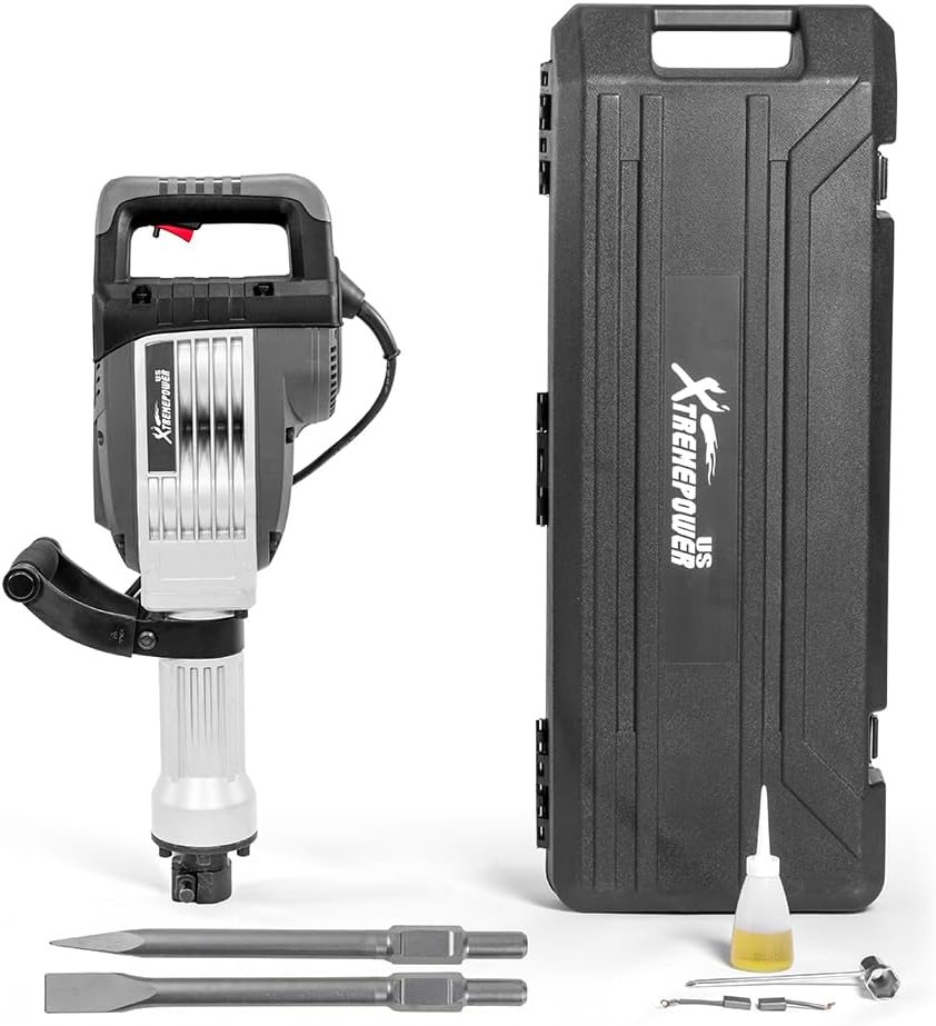 XtremepowerUS 3600W Electric Demolition Jack Hammer with 2 Chisel Bits (Flat & Point) – Construction Concrete Breaker Punch Drill DIY Floor Drill with Case