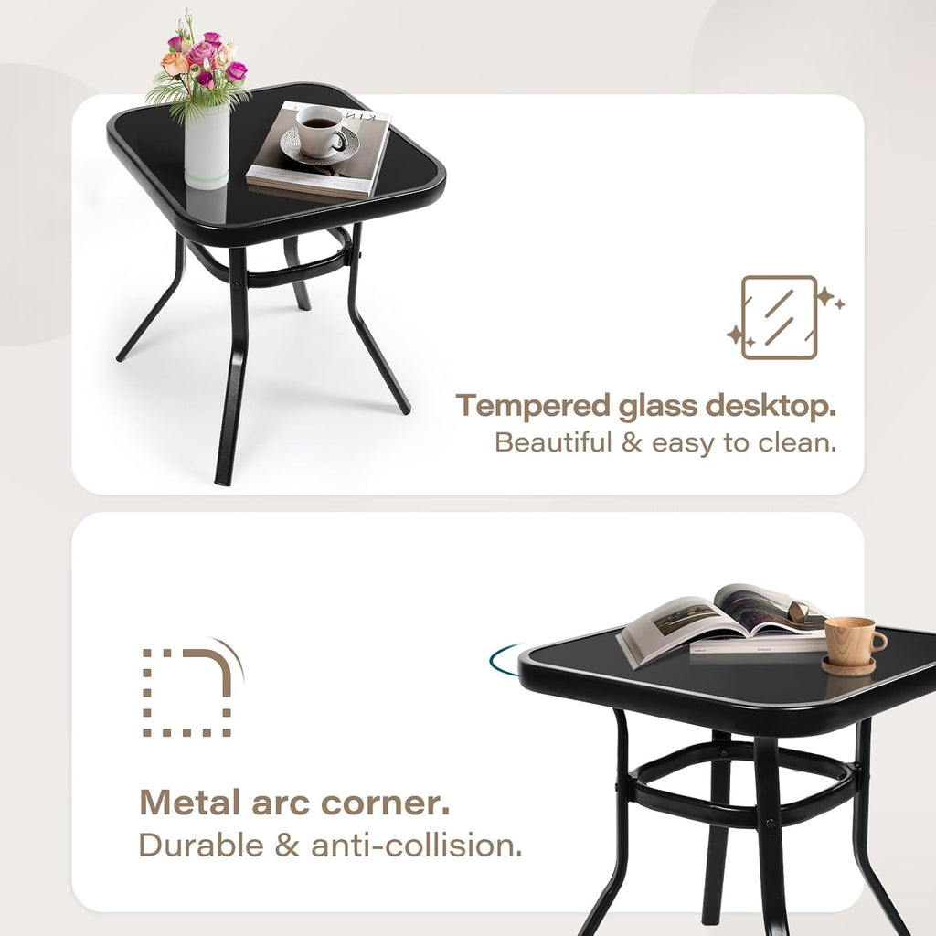 SOLAURA 3-Piece Outdoor Rocking Chairs Bistro Set, Black Iron Patio Furniture with Red Thickened Cushion & Glass-Top Coffee Table