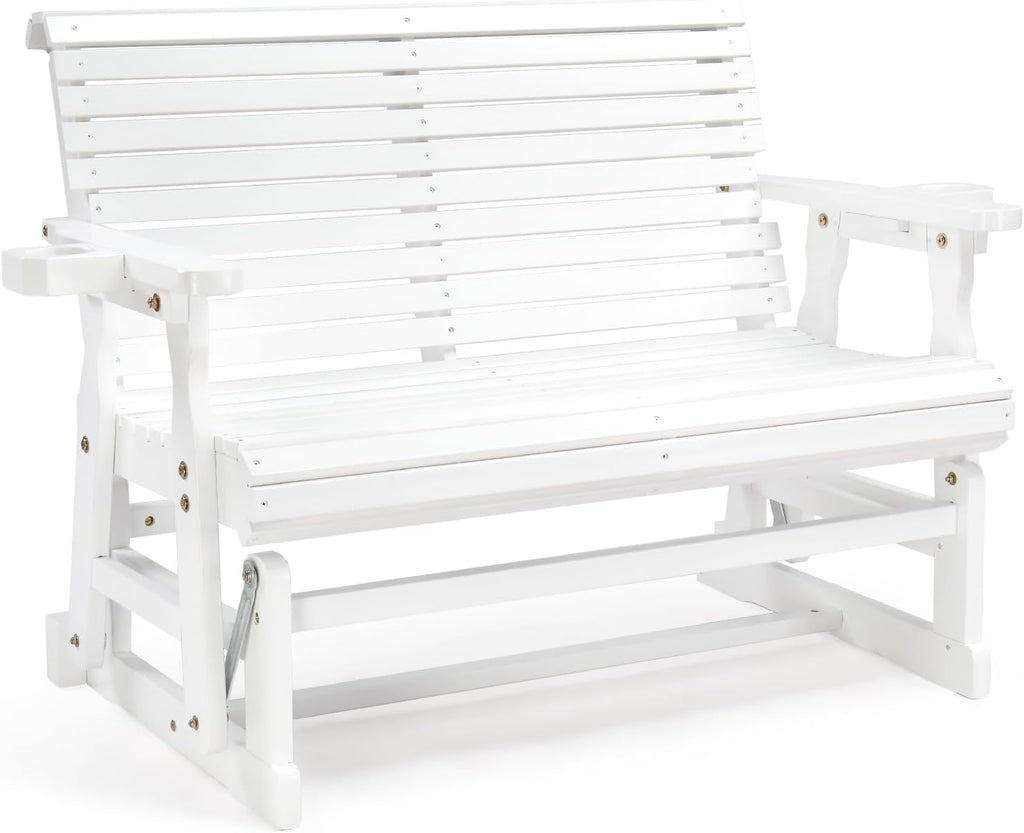 VINGLI Outdoor Glider Wood Patio Chair with Cup Holders, Outdoor Bench Glider Loveseat with Smooth Rocking Mechanism, Heavy Duty 800 LBS, White