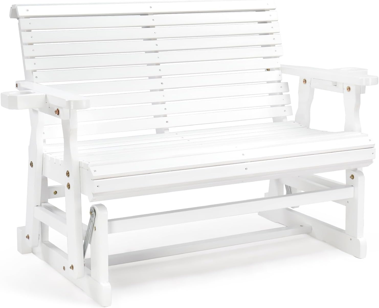 VINGLI Outdoor Glider Wood Patio Chair with Cup Holders, Outdoor Bench Glider Loveseat with Smooth Rocking Mechanism, Heavy Duty 800 LBS, White