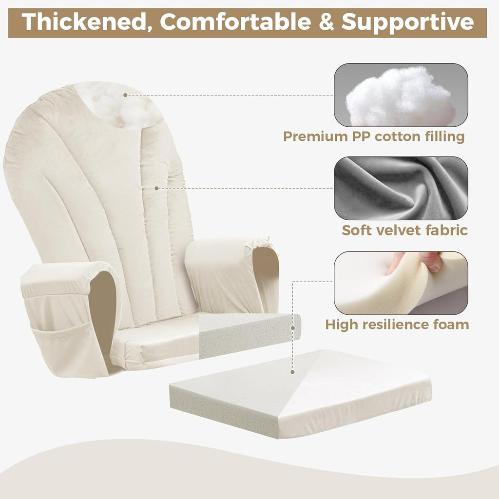 ANMINY 5pcs Glider Rocker Replacement Cushions Set - Thickened Velvet Glider Rocking Chair Cushions with 29 inch High Backrest & Side Pockets for Indoor Nursery, Washable & Non Slip, Beige