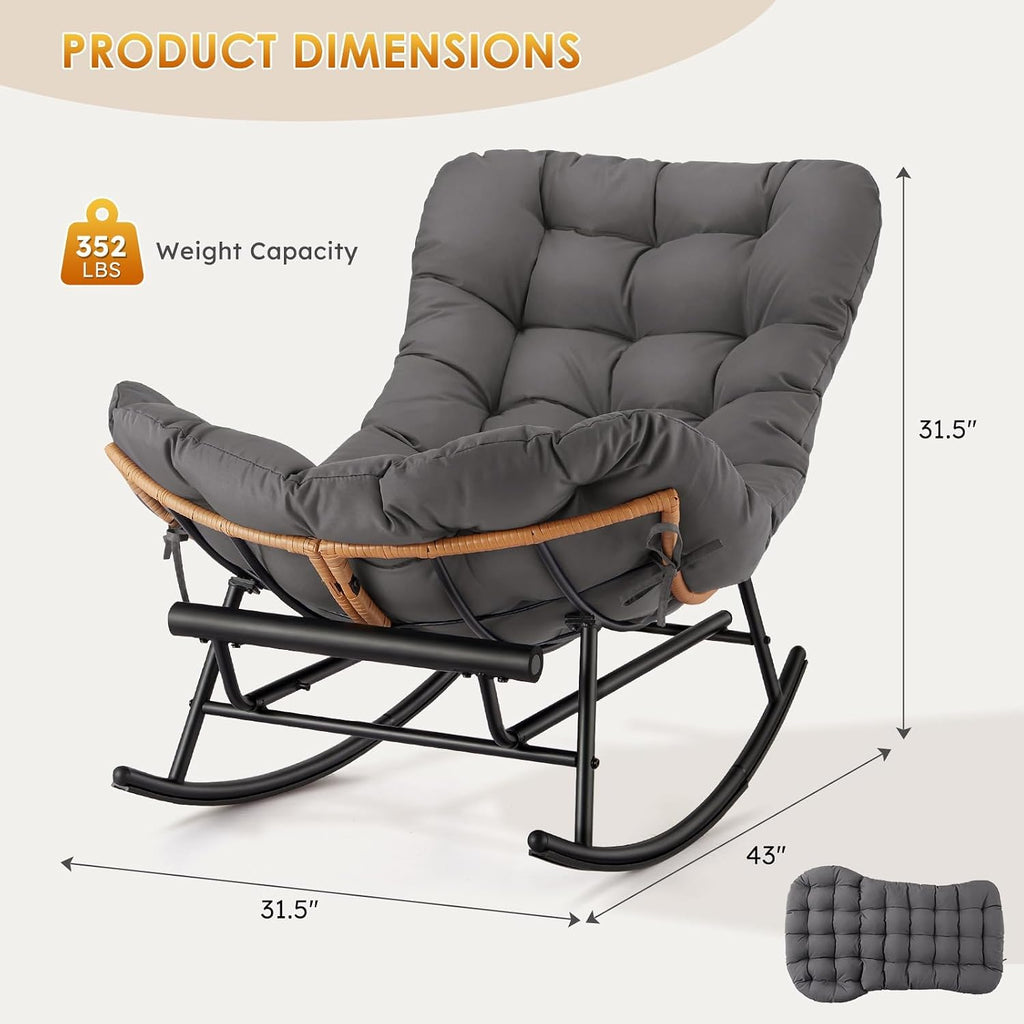 Takywep Rocking Chair - Oversized Outdoor Rocking Chairs with Footrest, Indoor Papasan Rocker Egg Chair for Bedroom, Living Room, Porch, Garden, Lawn (Dark Gray-Polyester)