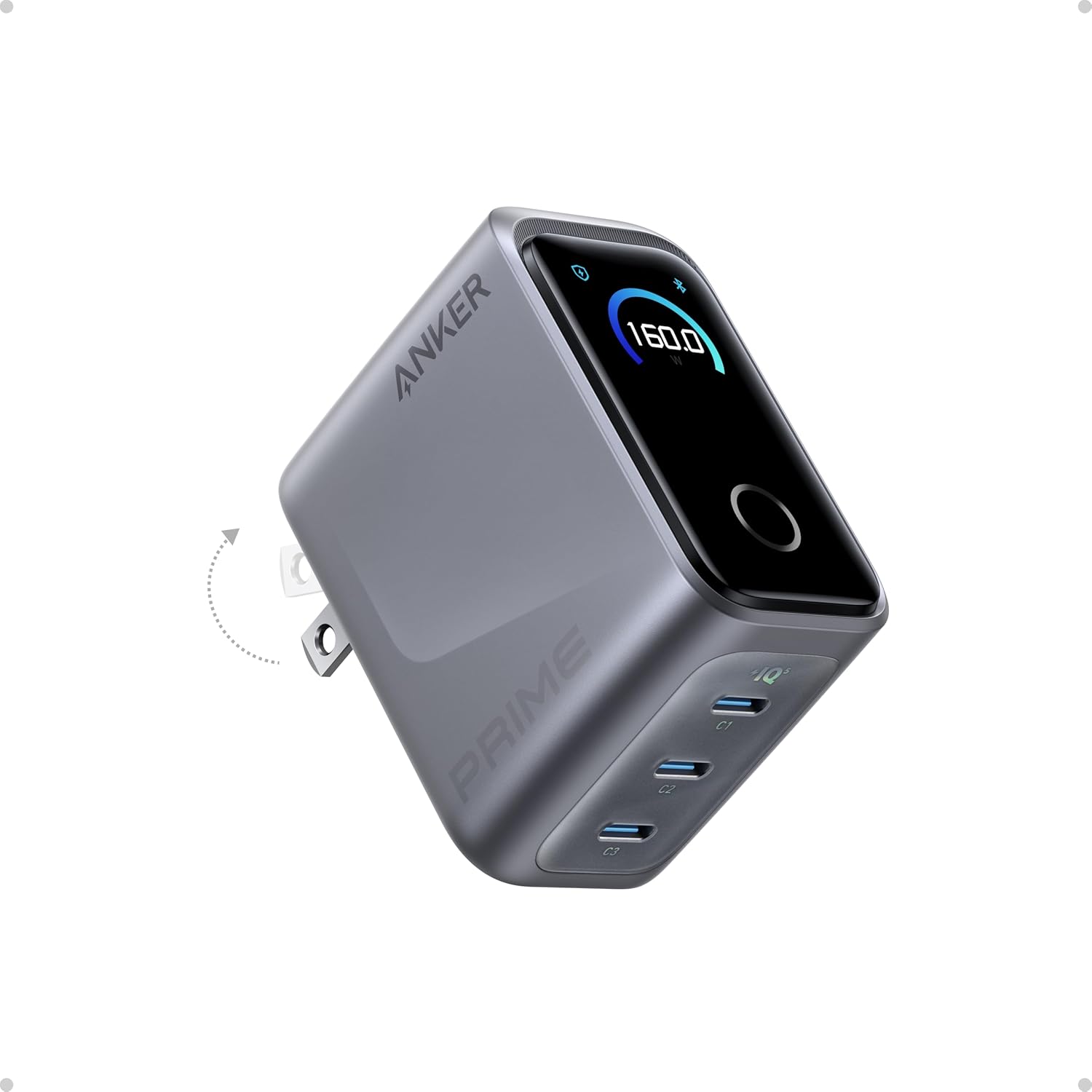 Anker Prime Charger,160W 3-Port Compact GaN USB C Charger,Smart Display and Touch Control,Up to 140W Single‑Port Fast Charging,for MacBook Pro,Laptop,iPhone 17 Series(Cable Not Included,Non-Battery)