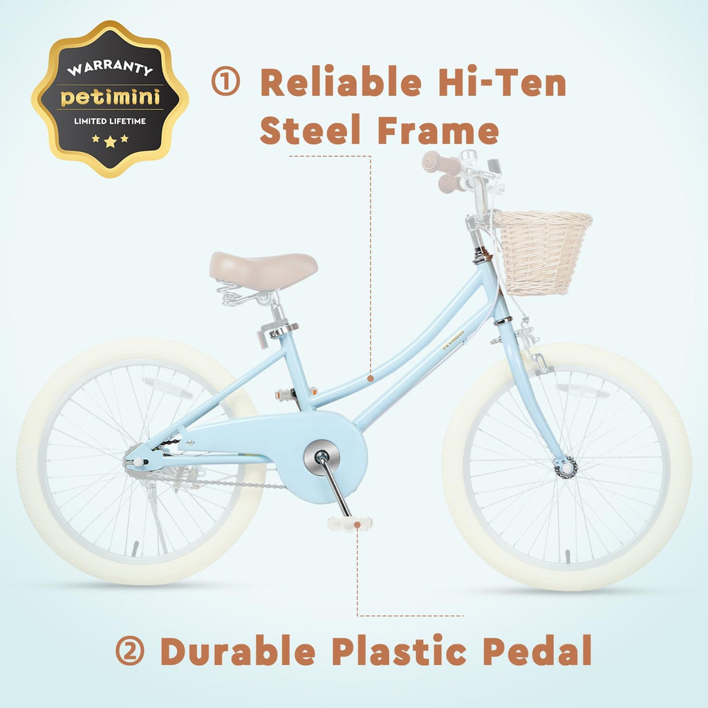 Petimini Vintage Kids Bike for Girls, 12–20 Inch Classic Bicycle with Wicker Basket & Bell, High Tensile Steel Frame, Training Wheels (12–18'), 85% Pre-Assembled, Retro Bike for Outdoor Riding