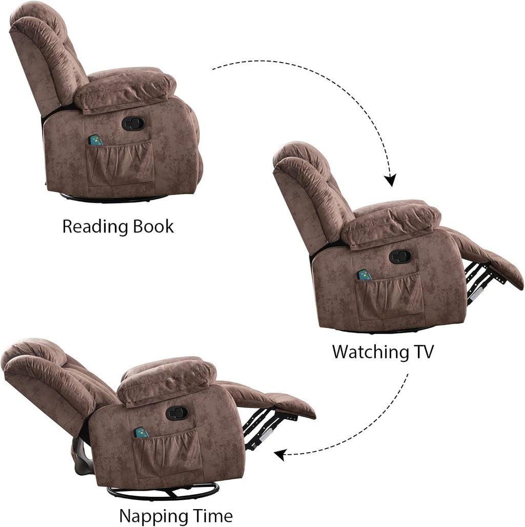 INZOY Rocker Recliner with Heat and Vibration, Manual Swivel Rocking Chair with Vibrating Massage, Comfy Padded Overstuffed Soft Fabric Heated Recliner (Brown)