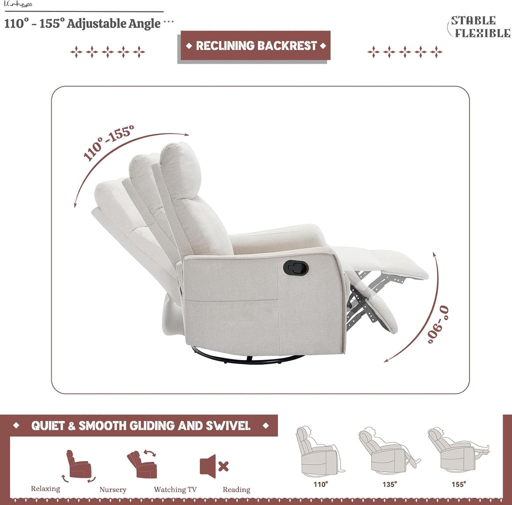 Rocking Recliner Chair with Heat and Massage, 360° Swivel Glider Rocker with Reclining Backrest and Footrest, Modern Nursery Rocking Chairs for Adults for Bedroom, Living Room, Office (Beige)