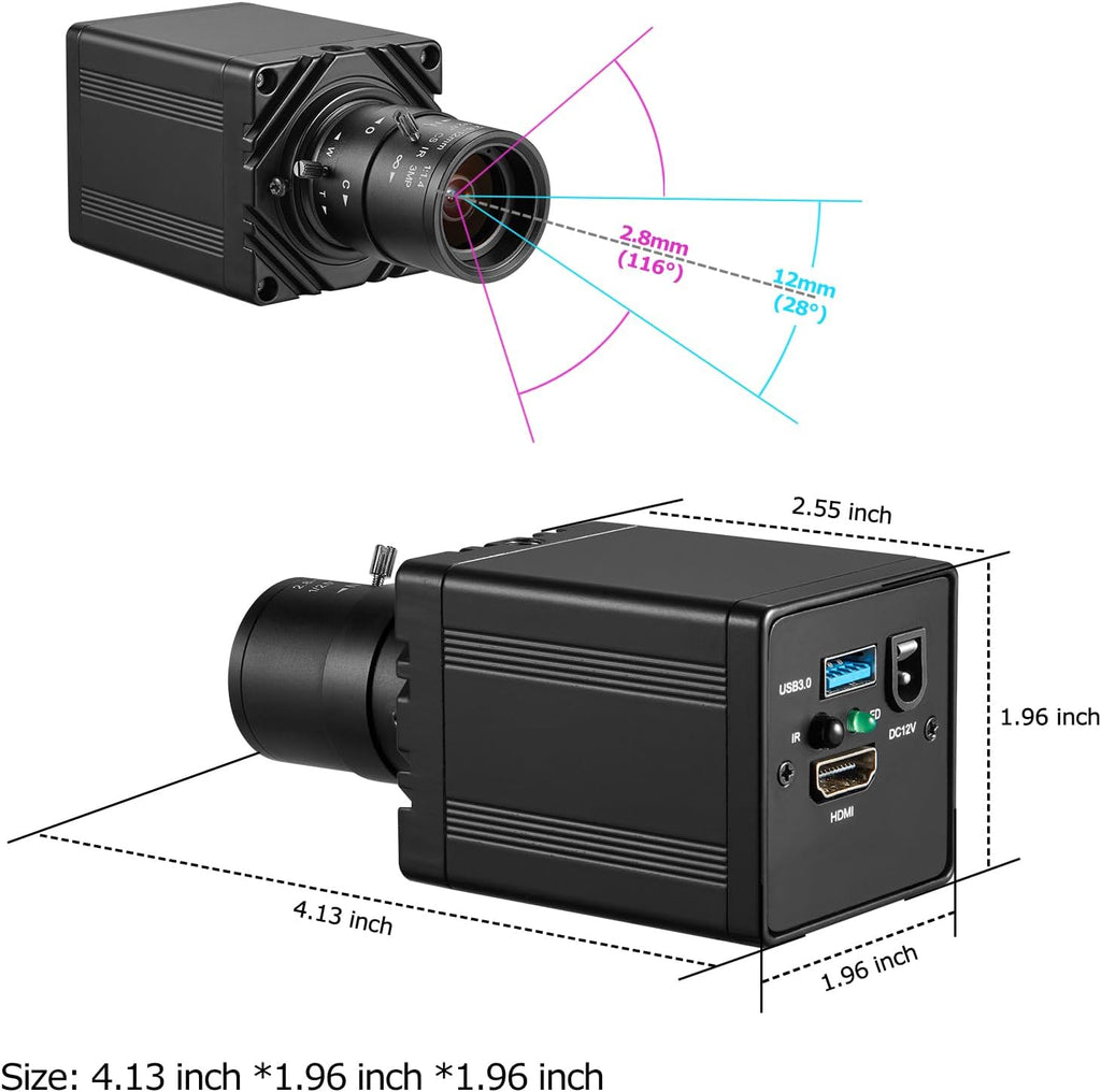 HDMI USB3.0 Dual Output HD 4K30fps Digital Security Camera, Industry Digital C-Mount with Manual 2.8-12mm Varifocal HD Lens, OSD Menu via Remote Controller