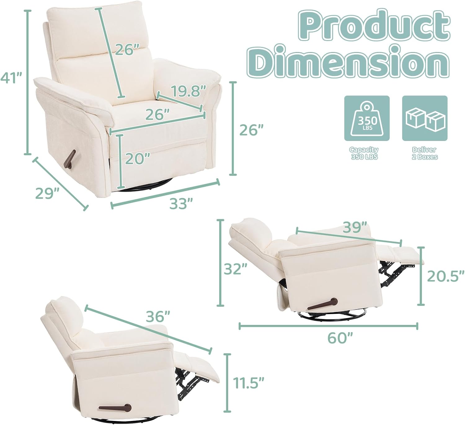 Oversized Swivel Rocker Recliner with Adjustable Headrest, Rocking Chair Nursery with Overstuffed Armrest, Manual Rocker Recliner Nursery Chair for Living Room, White