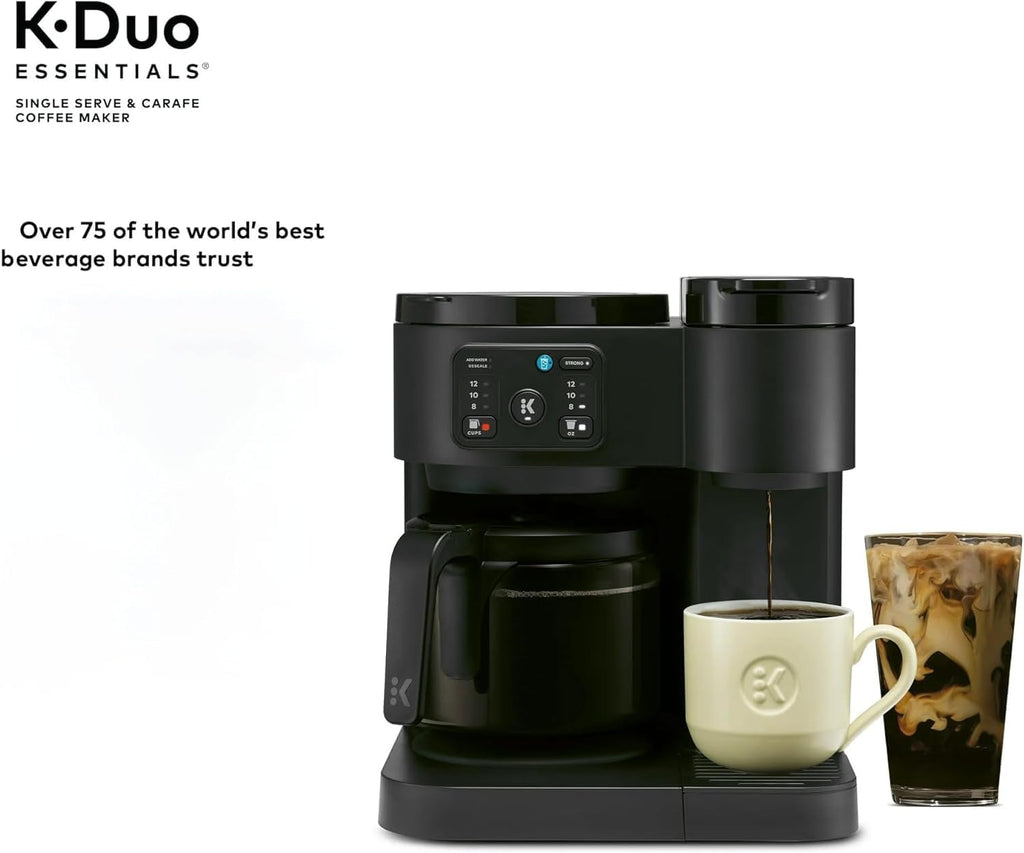 K-Duo Essentials Hot & Iced Single-Serve Coffee Maker with 12-Cup Glass Carafe, Brews KCup Pods & Coffee Grounds, Multiple Brew Sizes, 72 oz Reservoir, Pause & Pour Feature (Blacks)