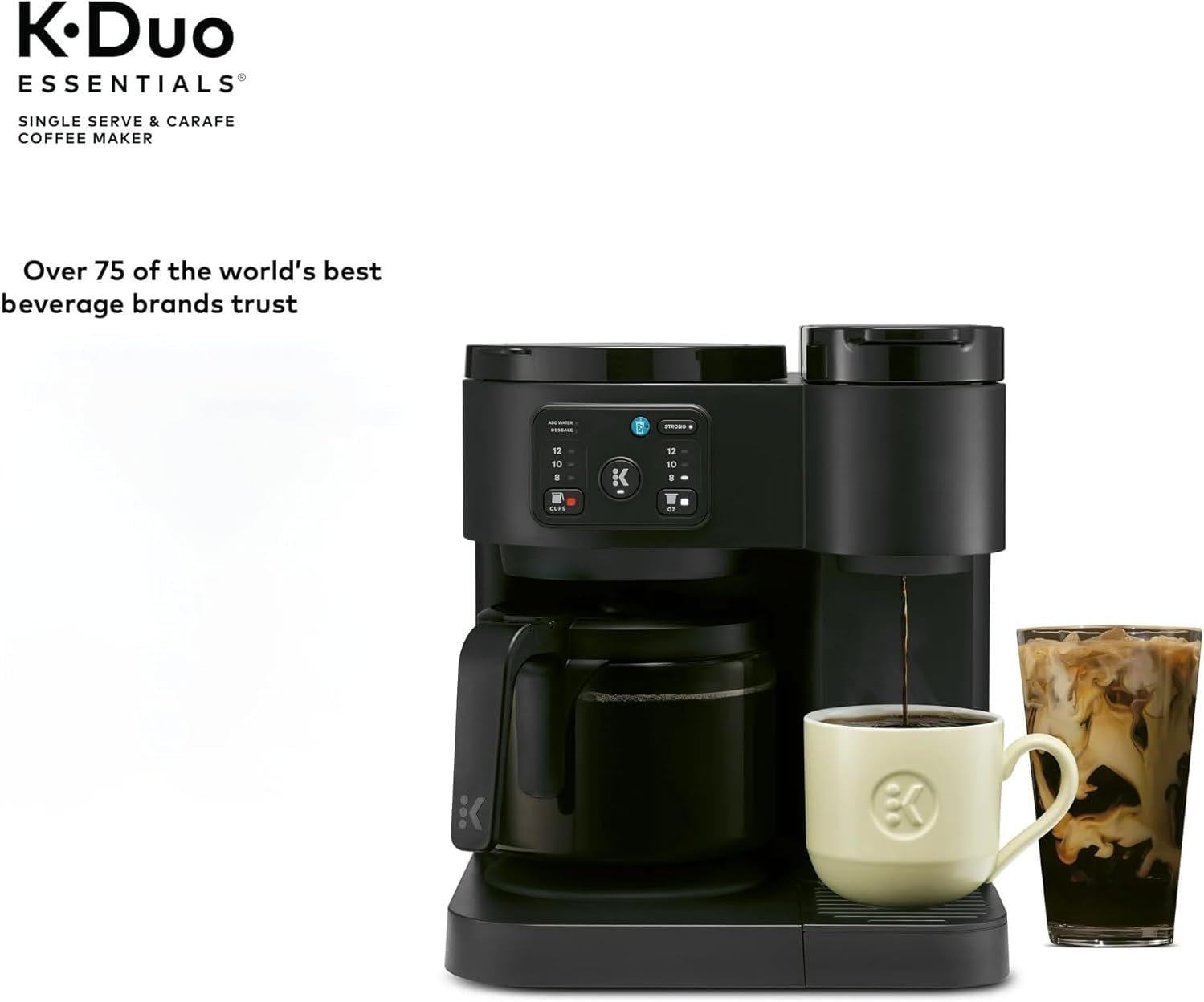 K-Duo Essentials Hot & Iced Single-Serve Coffee Maker with 12-Cup Glass Carafe, Brews KCup Pods & Coffee Grounds, Multiple Brew Sizes, 72 oz Reservoir, Pause & Pour Feature (Blacks)