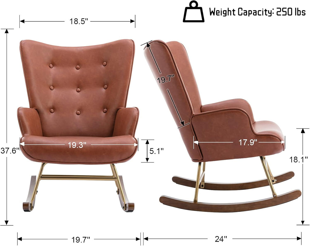 Shunzhi Pu Leather Nursery Rocking Armchair, Modern Reading Accent Chair for Living Room, Bedroom, Office, Small Spaces, Brown