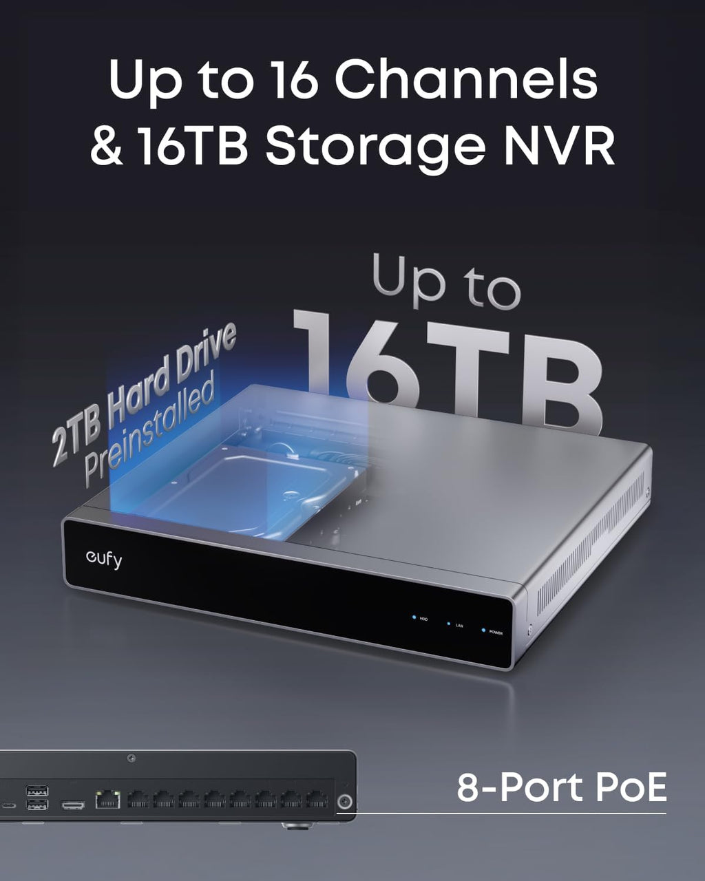 eufy PoE NVR Security System E41,24/7 Recording,Up to 16CH, 2TB HDD, 8 4K Turret Cams, Wired Outdoor Cam, 4K UHD, 122° FOV, Color Night Vision, AI Detection, Red and Blue Strobe