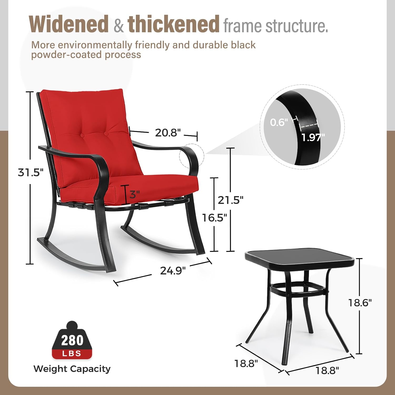 SOLAURA 3-Piece Outdoor Rocking Chairs Bistro Set, Black Iron Patio Furniture with Red Thickened Cushion & Glass-Top Coffee Table