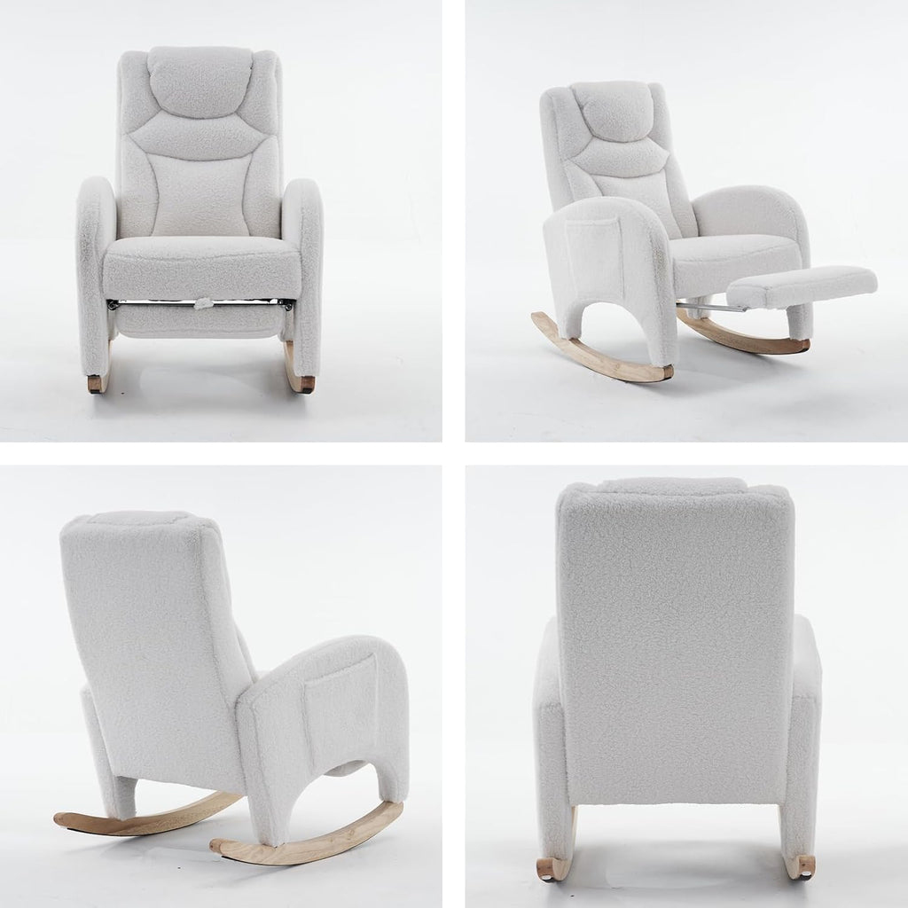 Rocking Chair with Foot Rest, Nursery Glider Teddy Gliding Rocking Chair with Retractable Footrest Rubber Wood Legs Side Pocket High Back & Wide Seat Nursing Chair for Living Room (Ivroy)