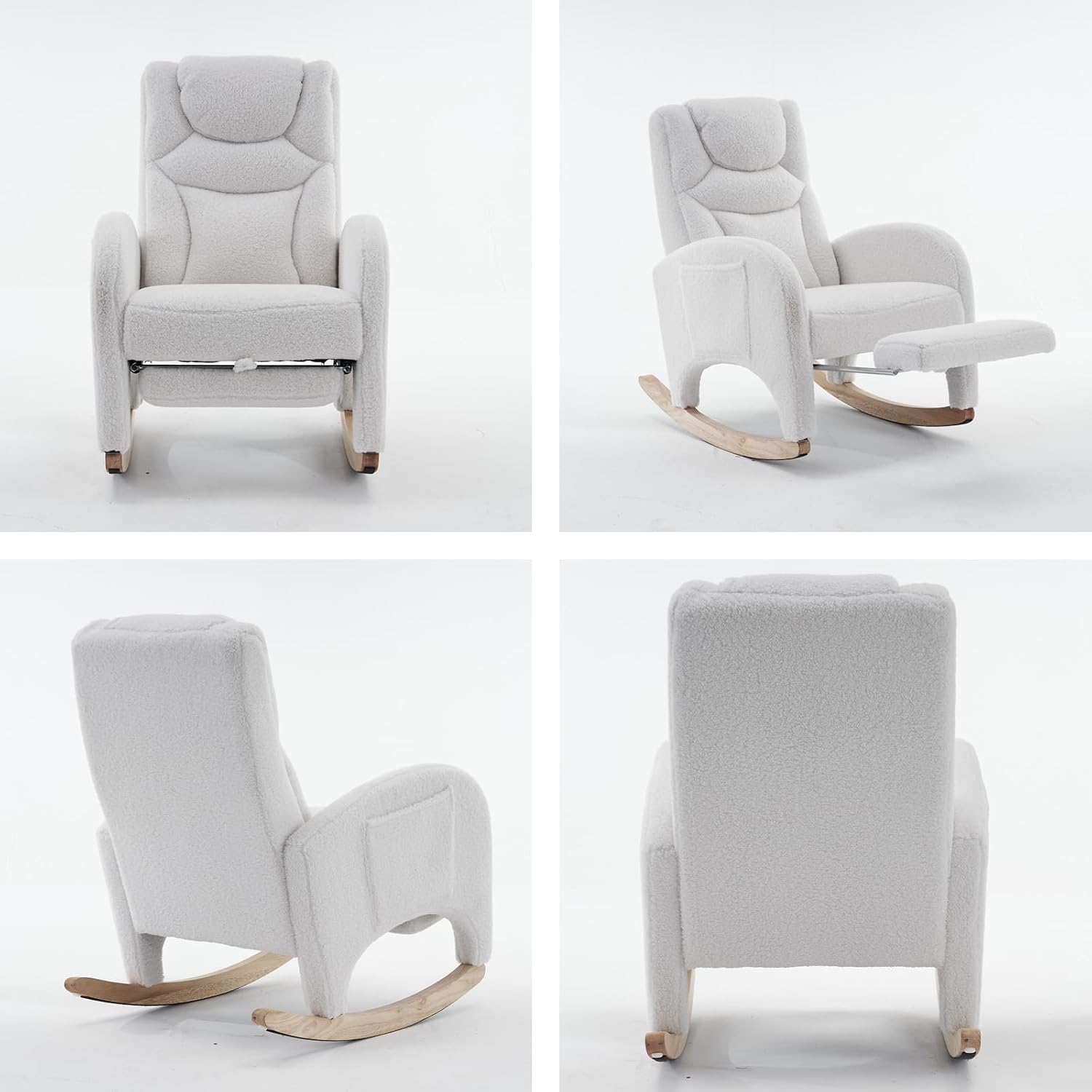 Rocking Chair with Foot Rest, Nursery Glider Teddy Gliding Rocking Chair with Retractable Footrest Rubber Wood Legs Side Pocket High Back & Wide Seat Nursing Chair for Living Room (Ivroy)