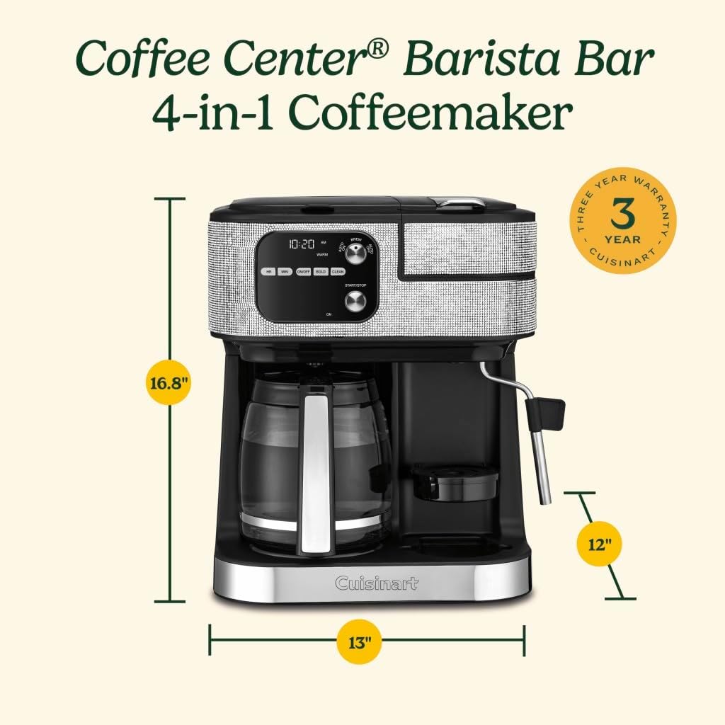 Cuisinart Coffeemaker, Coffee Center Barista Bar 4-In-1 Coffee Machine, Single-Serve Coffee, Espresso & Nespresso Capsule Compatible, 12-Cup Carafe, Silver Crystal, SS-4N1SC