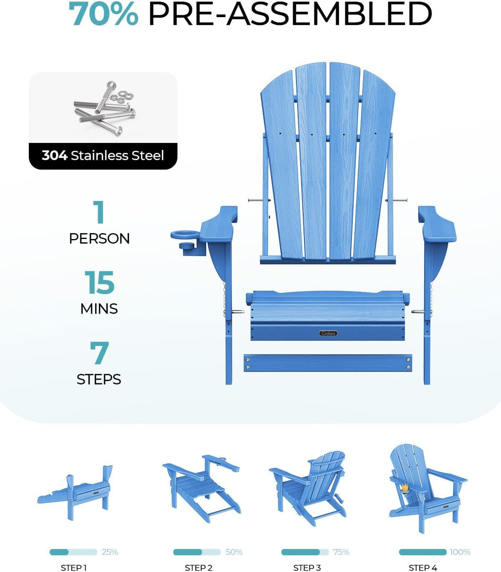 Ciokea Folding Adirondack Chair Wood Texture, Patio Adirondack Chair Weather Resistant, Plastic Fire Pit Chair with Cup Holder, Lawn Chair for Outdoor Porch Garden Backyard Deck, Baby Blue