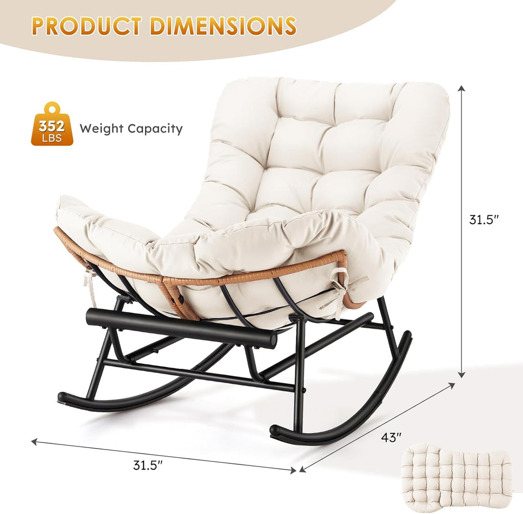Takywep Rattan Rocking Chair with Detachable Polyester Cushion and Extendable Footrest – Papasan Chair with Cozy Seating for Porch, Lawn, Bedroom & Living Room, Beige