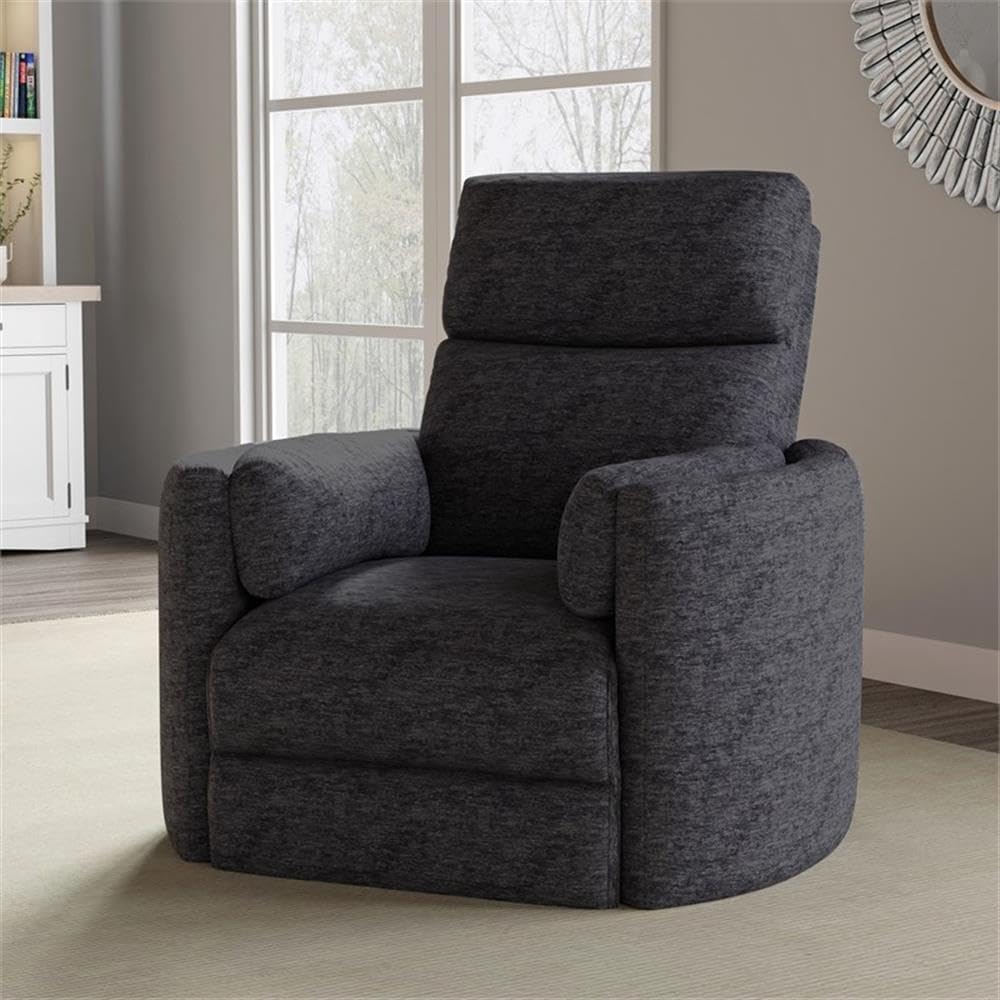Pemberly Row Polyester Fabric Power Swivel Glider Recliner in Black with USB Charging Ports and 2 Comfort Pillows for Living Room