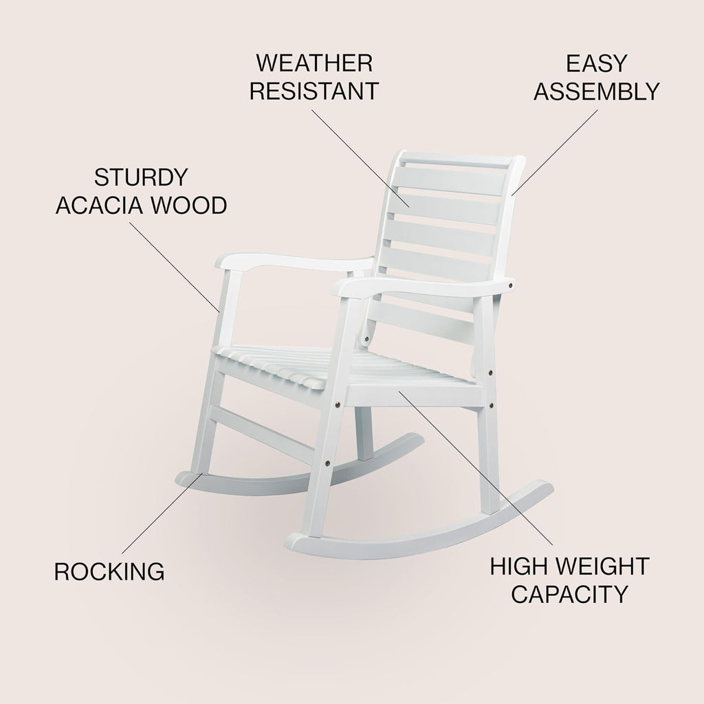 JONATHAN Y RCK101C Carey Modern Slat-Back 300-Lbs Support Acacia Wood Patio Outdoor Rocking Chair for Garden, Lawn, Backyard, Pool, Deck, Beach, Firepit, White