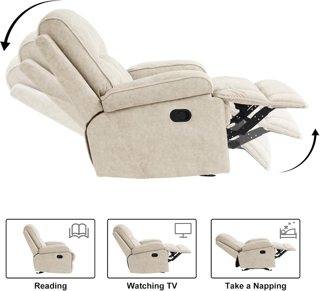 Manual Rocker Recliner Chair for Adults, High Back Glider with Deep Seat, Upholstered Fabric Armchair for Living Room & Nursery, Beige