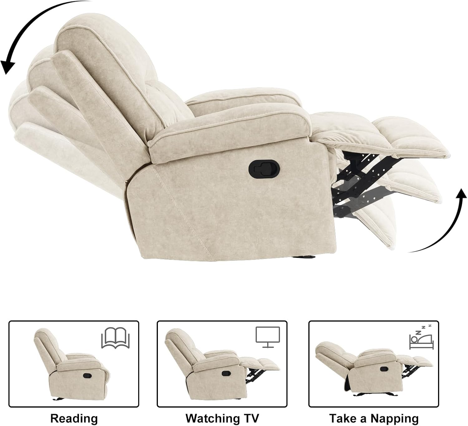 Manual Rocker Recliner Chair for Adults, High Back Glider with Deep Seat, Upholstered Fabric Armchair for Living Room & Nursery, Beige