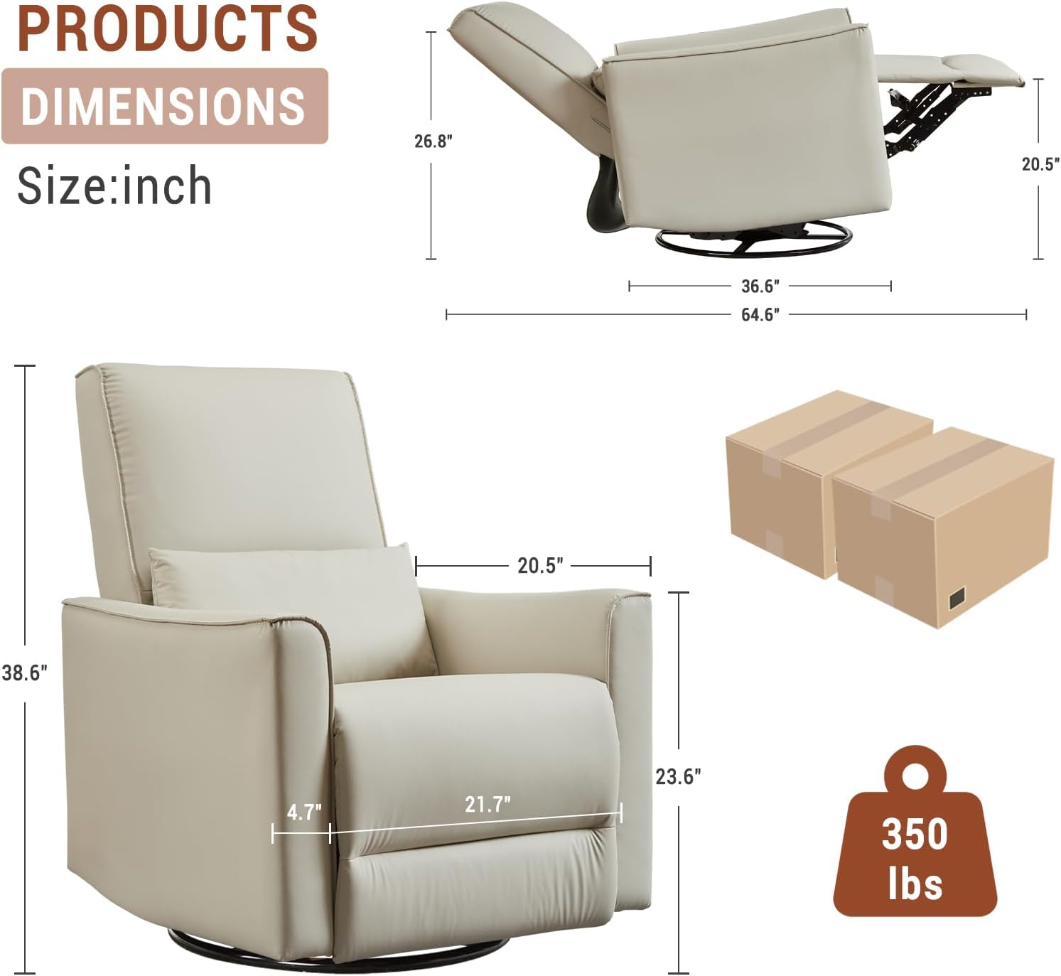 GAOMON Swivel Rocking Recliner Chair, Manual Leather Recliner Glider with Lumbar Support & Padded Armrest, Comfortable Rocker Nursery Single Sofa for Living Room and Bedroom (White)