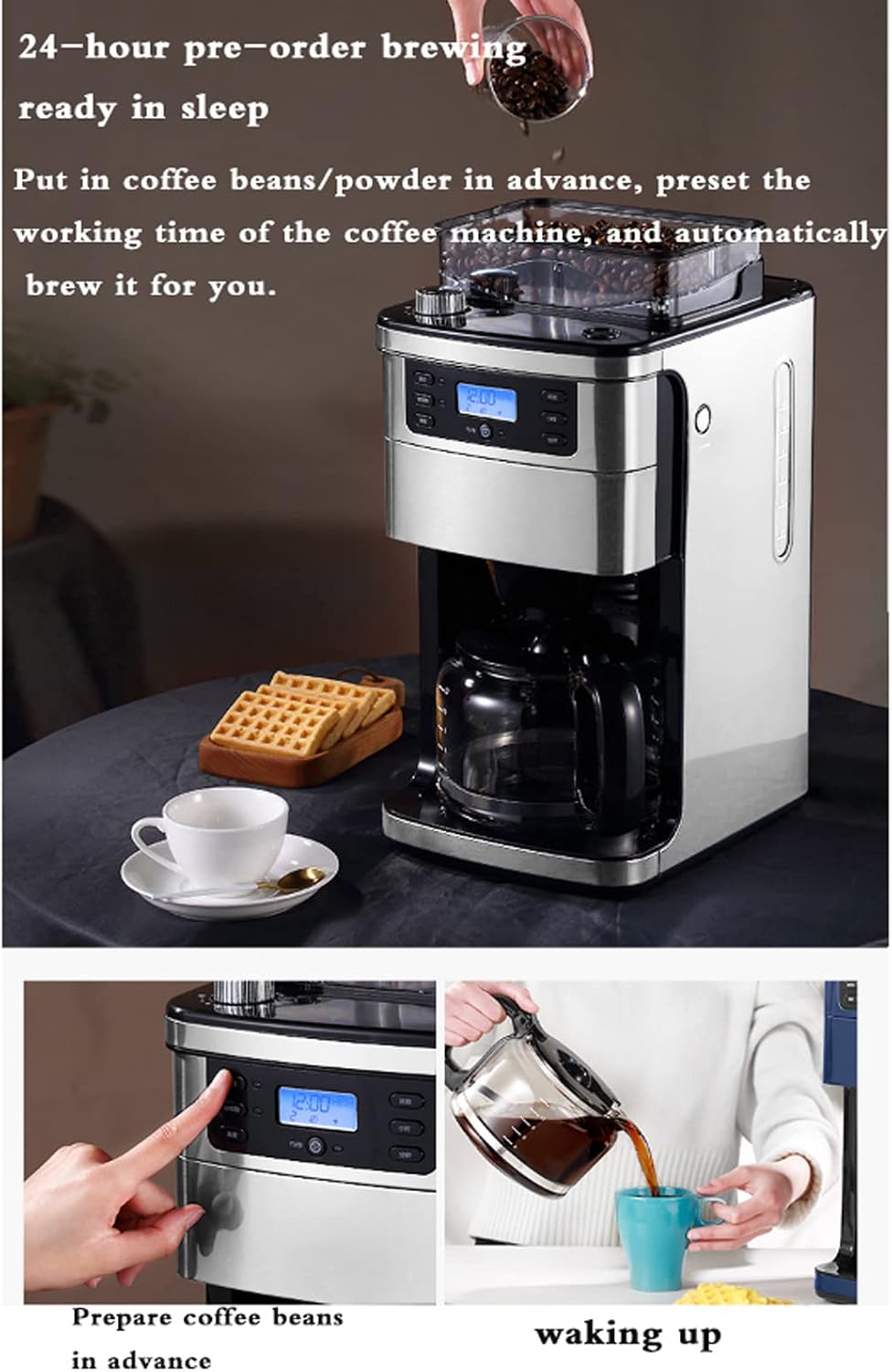 Coffee Machine Fully Automatic Espresso Machine Household Grinder Coffee Machine, Bean Powder Coffee Machine, Drip Coffee Maker, 1500Ml Large Capacity, 24H Appointment