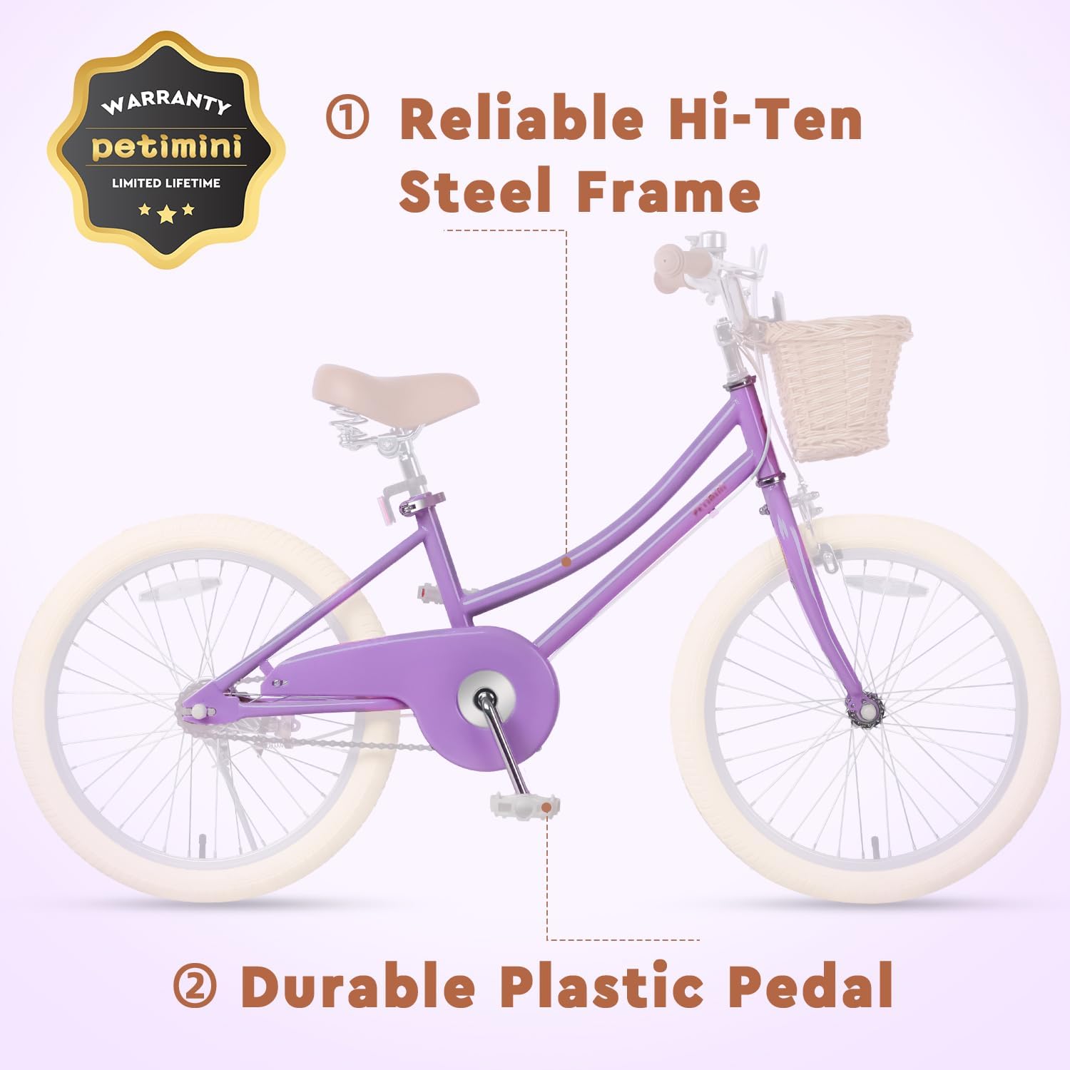 Petimini Vintage Kids Bike for Girls, 12–20 Inch Classic Bicycle with Wicker Basket & Bell, High Tensile Steel Frame, Training Wheels (12–18'), 85% Pre-Assembled, Retro Bike for Outdoor Riding