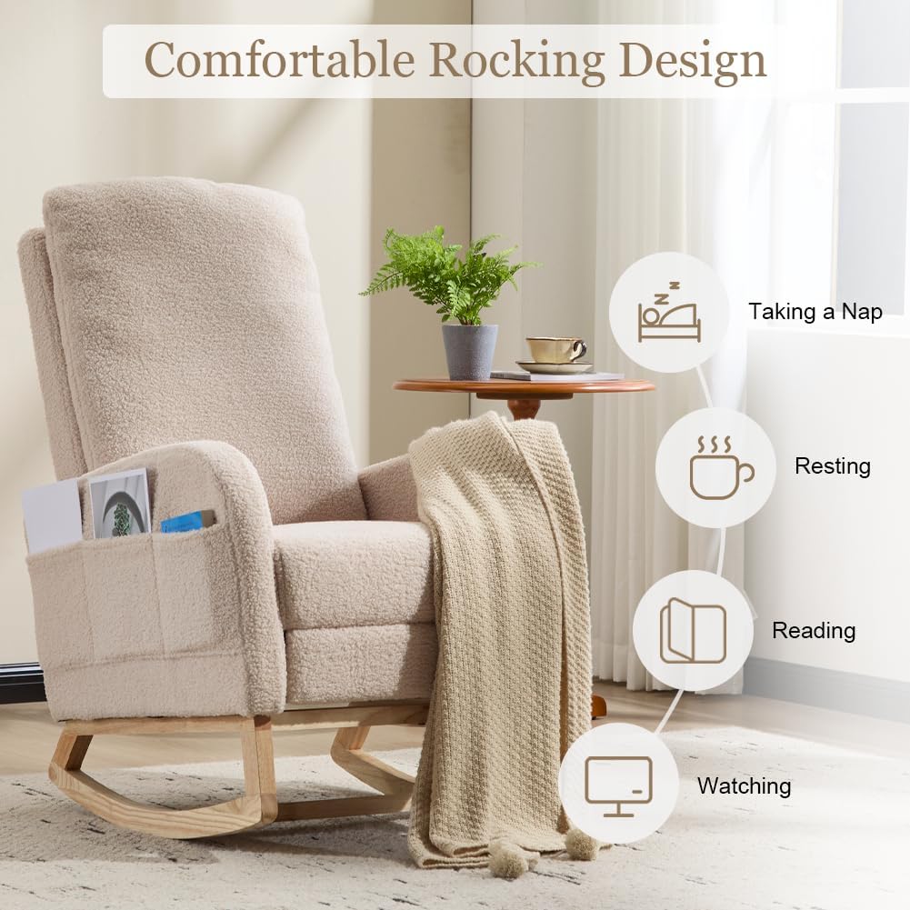 Rocking Chair Nursery with Foot Rest, Sherpa Nursing Rocking for Mom Nursery Rocker Chair with High Straight Backrest, Armchair Rocker Glider with Side Pocket for Living Room, Bedroom, Teddy Begie