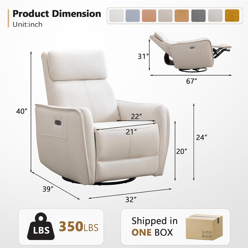 ANJ Power Swivel Recliner Chair,Rocking Chair Nursery with USB Port, Rocker Reclining Chair with Upholstered,Faux Leather Glider Rocking Chairs for Living Room, Bedroom, Cream White