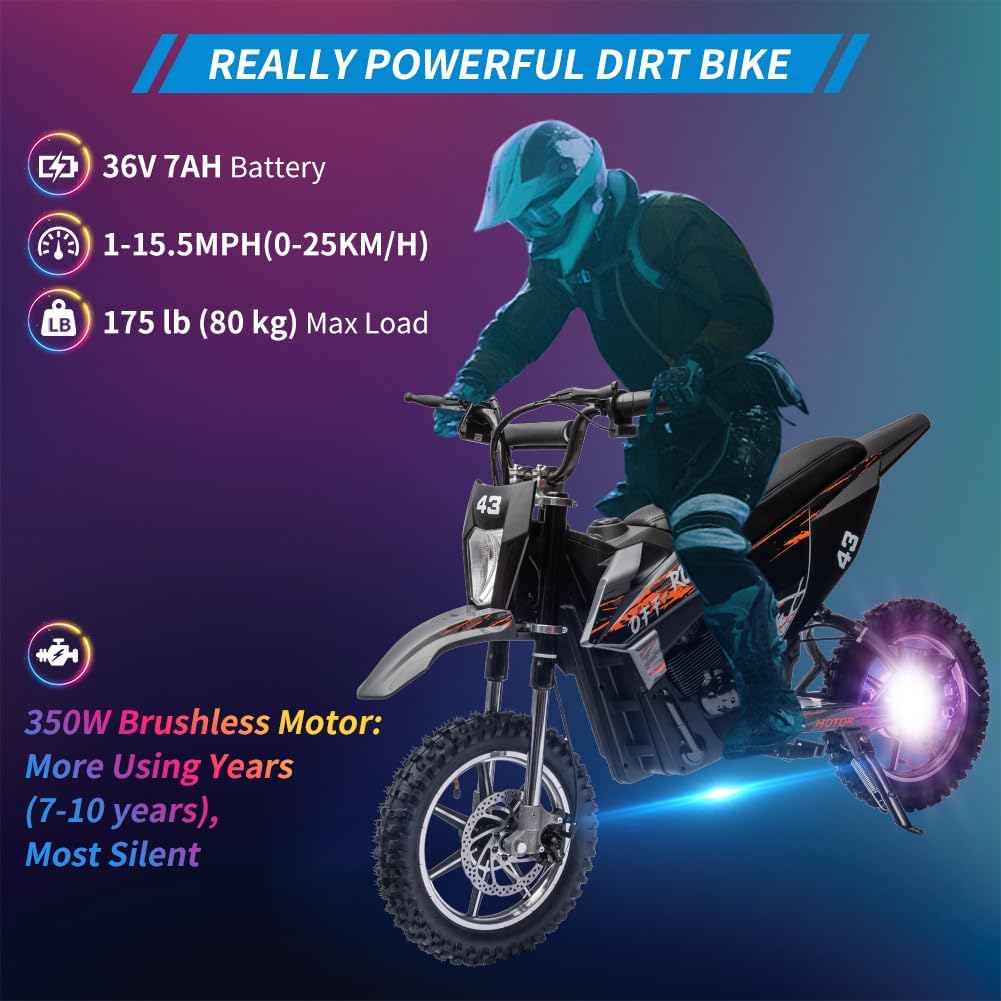 36V Electric Dirt Bike for Kids, Ride on Motorcycle 350W Brushless Motor Fast Speed 15.5MPH with LED Headlight, Leather Seat,Front+Back Brake for Teens Max Load 175lbs,Black