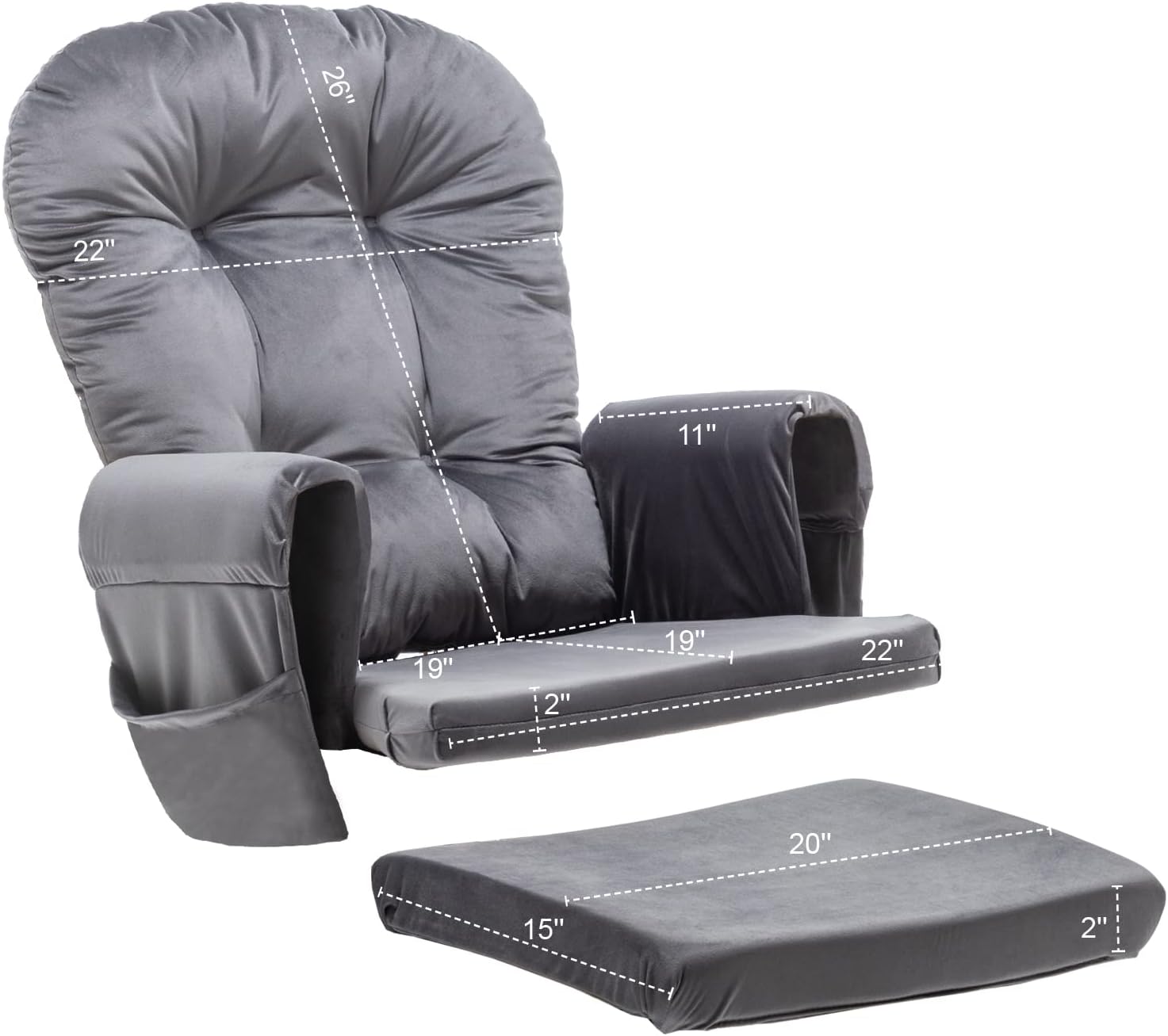 SyyBhb Glider Rocker Replacement Cushions with Storage Pocket, 5PCS, Soft Velvet Thickened, Washable Nonslip, Universal for Use in Glider Rocking Chair, Dark Grey