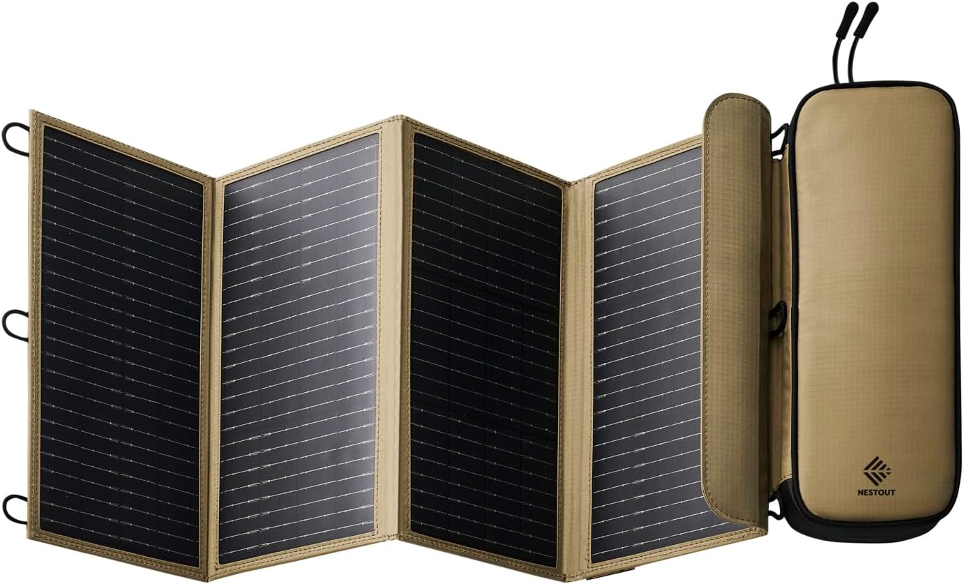NESTOUT Portable Solar Panel, Dual USB-A Ports, 28W Power Generation Charger for Phone Camping, Durable Water-Resistant Ripstop Nylon, Foldable Lightweight, Adjustable Stands (4-Panel (Upgraded))