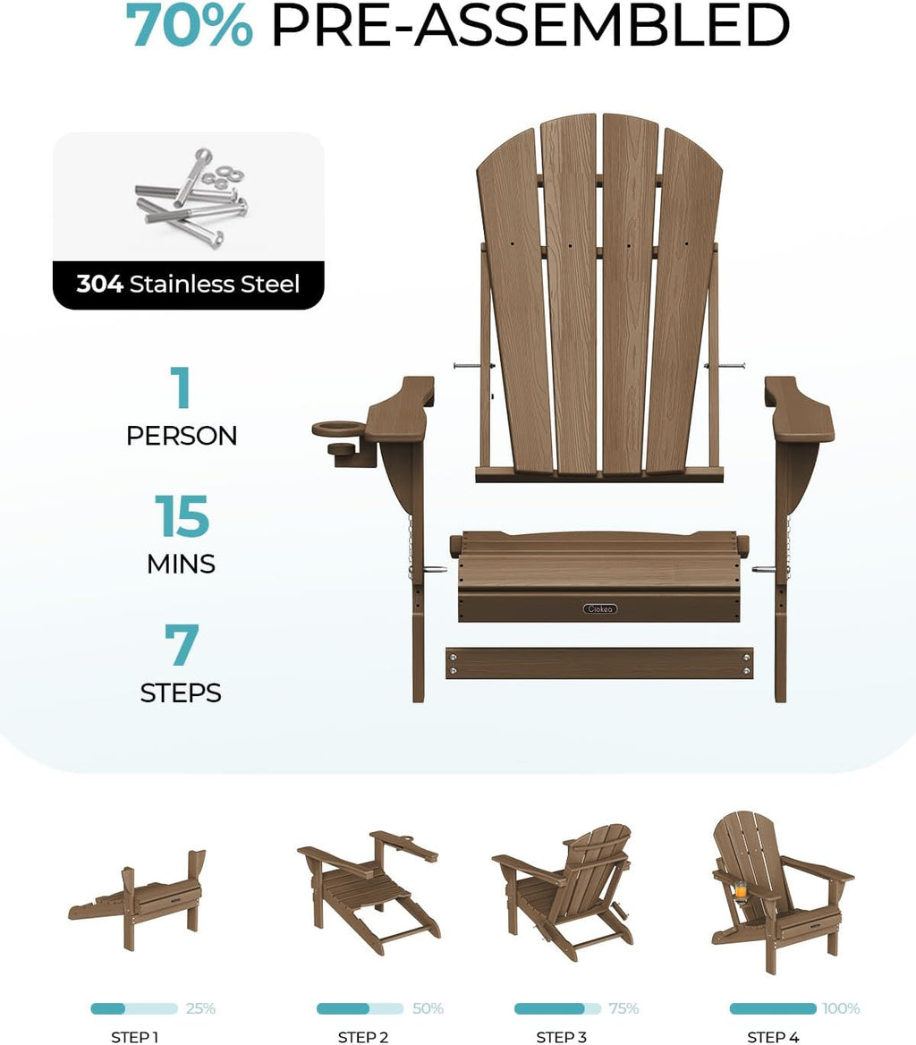 Ciokea Folding Adirondack Chair Wood Texture, Patio Adirondack Chair Weather Resistant, Plastic Fire Pit Chair with Cup Holder, Lawn Chair for Outdoor Porch Garden Backyard Deck, Brown