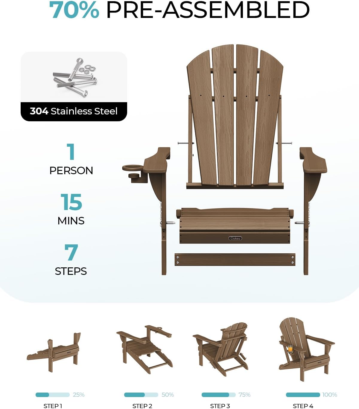 Ciokea Folding Adirondack Chair Wood Texture, Patio Adirondack Chair Weather Resistant, Plastic Fire Pit Chair with Cup Holder, Lawn Chair for Outdoor Porch Garden Backyard Deck, Brown