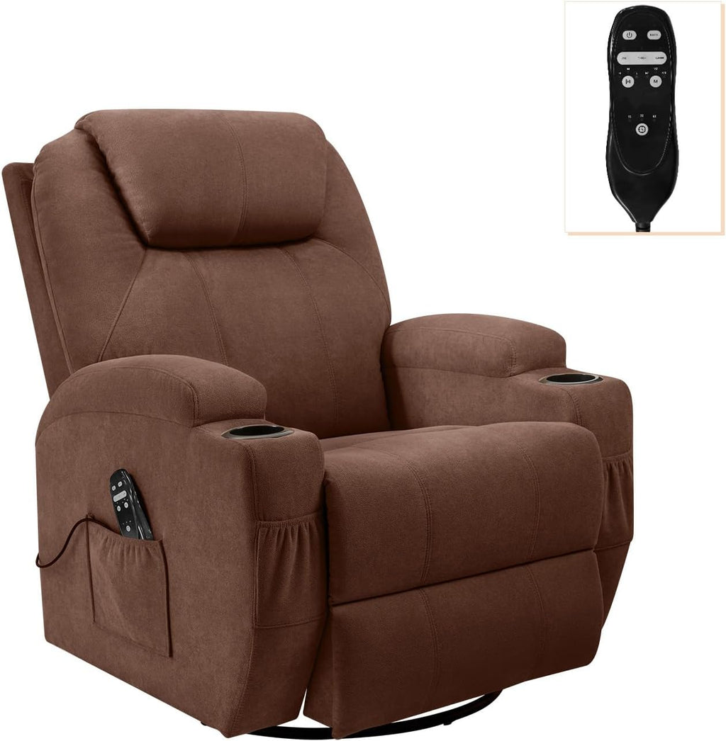 Flamaker Rocking Chair Recliner Chair with Massage Swivel Ergonomic Lounge Chair Classic Single Sofa with 2 Cup Holders Side Pockets Living Room Chair Home Theater Seat (Brown)