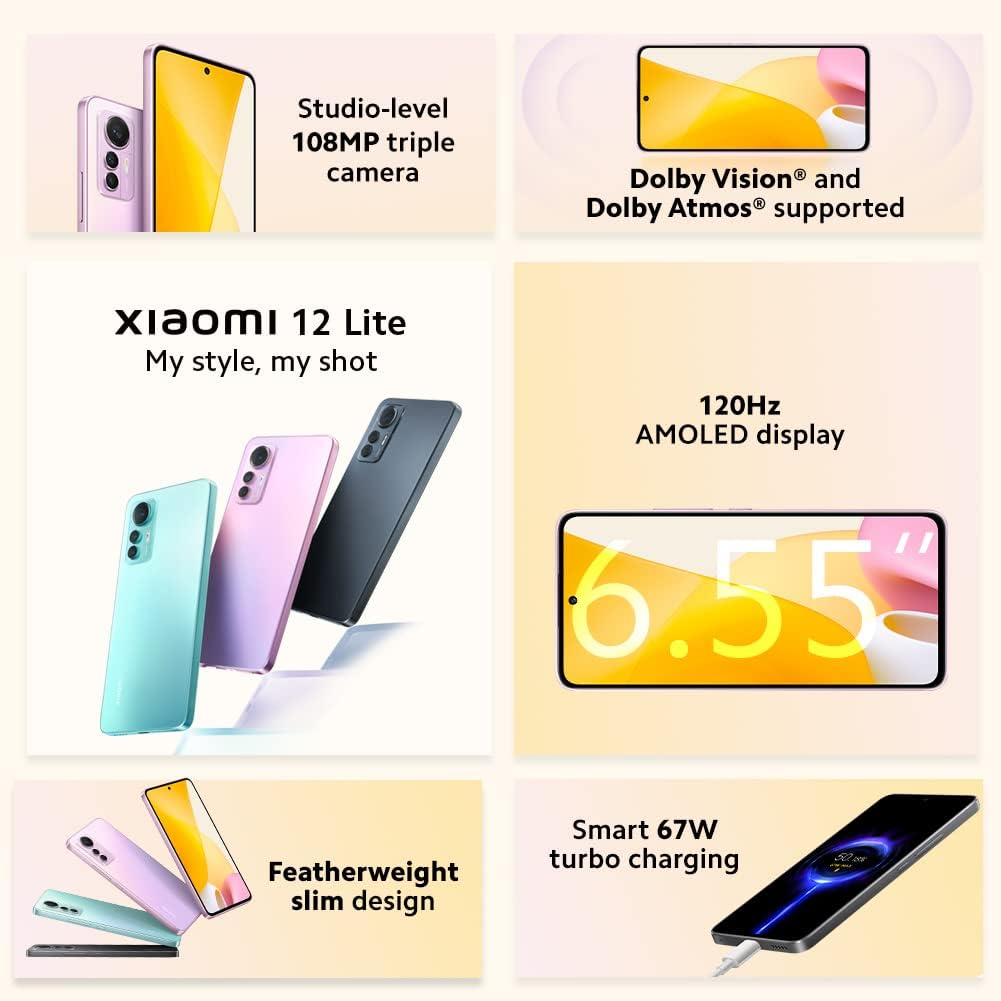 XIAOMI 12 Lite 5G + 4G LTE (128GB + 8GB) Global Version Unlocked 6.55' 108MP Triple Camera (Tmobile Mint & Global) + (w/Fast Car Charger Bundle) (Lite Black Global)