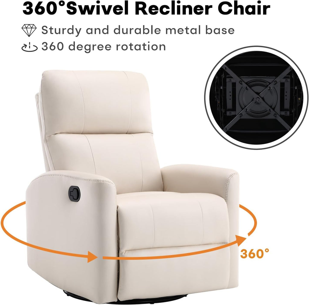 HAOMARKETS Swivel Rocker Recliner Chair, Manual Faux Leather Glider Rocking Recliners for Adults, 360° Swivel Nursery Reclining Sofa with Padded Backrest for Living Room, White