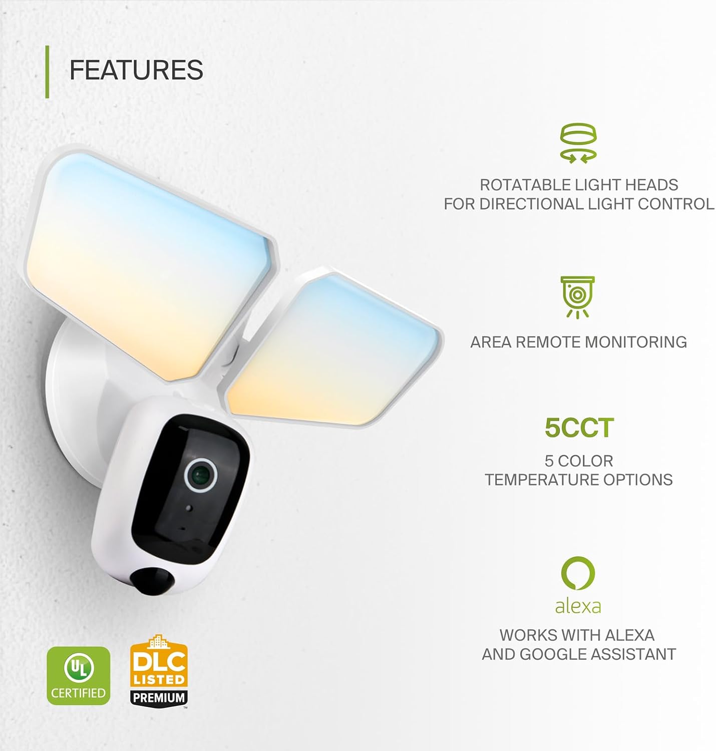 ASD Security Flood Light Camera Outdoor - Smart Floodlight Camera, 180° Motion Sensor Light, Works with Alexa & Google Assistant, 20W 120V 2700-5000K, Dusk to Dawn Lighting, UL, DLC Premium 6 Pack