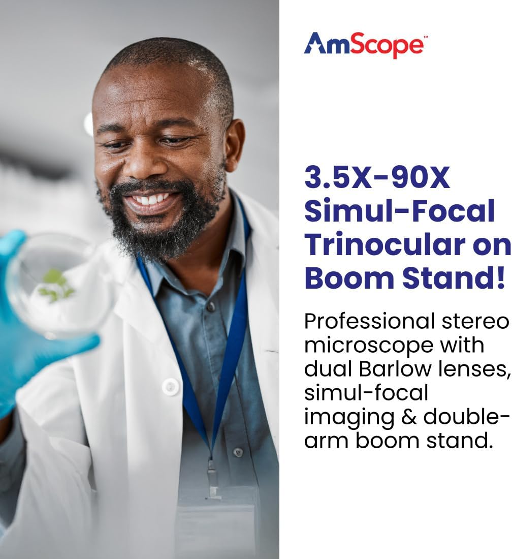 AmScope SM-4TPZ Professional Trinocular Stereo Zoom Microscope with Simultaneous Focus Control, WH10x Eyepieces, 3.5X-90X Magnification, 0.7X-4.5X Zoom Objective, Ambient Lighting, Double-Arm Boom Stand, Includes 0.5X and 2.0X Barlow Lens