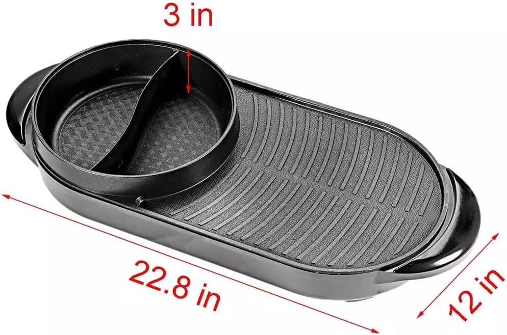 2 in 1 2000W Electric Grill Hot Pot Barbecue Multifunction Buffet Hot Pot BBQ Griddle for Gatherings Party (Black 22.8 * 12 inches) (Black 22.8 * 12 inches)