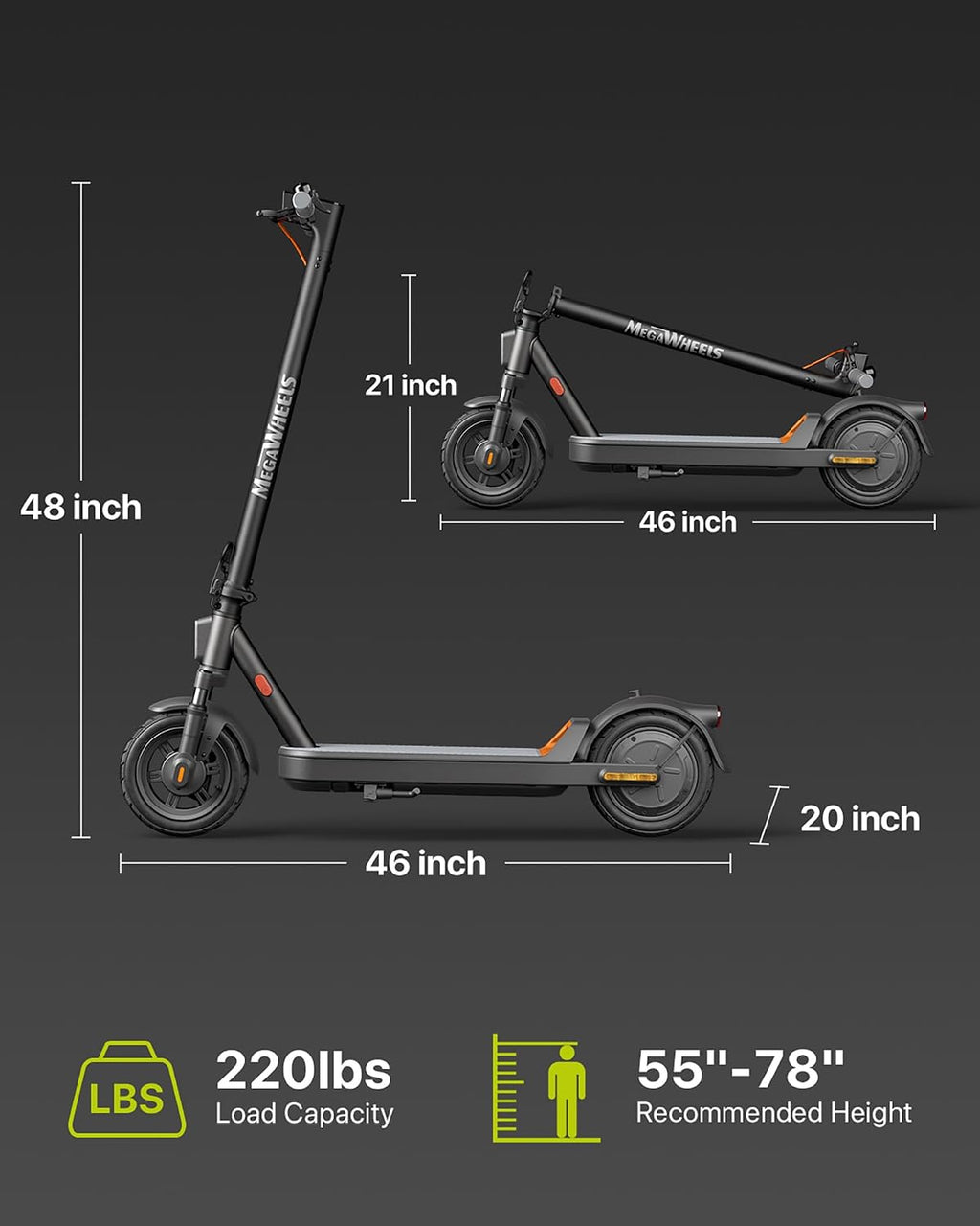 MEGAWHEELS Electric Scooter for Adults with Suspension, 8.5/10in Vacuum Tires, 14/19/28/31Miles, 15MPH Max Speed, Turn Lights, Foldable Electric Scooter for Commuter