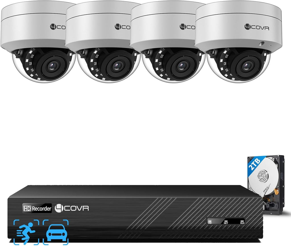 4COVR 12MP Security Camera System, 4Pcs 12MP IK10 Vandal-Proof Dome PoE IP Camera with Mic, AI Human Vehicle Detection, 8CH H.265 NVR with 2TB HDD, IP67 Home Weatherproof Outdoor, LY54AXAM0804