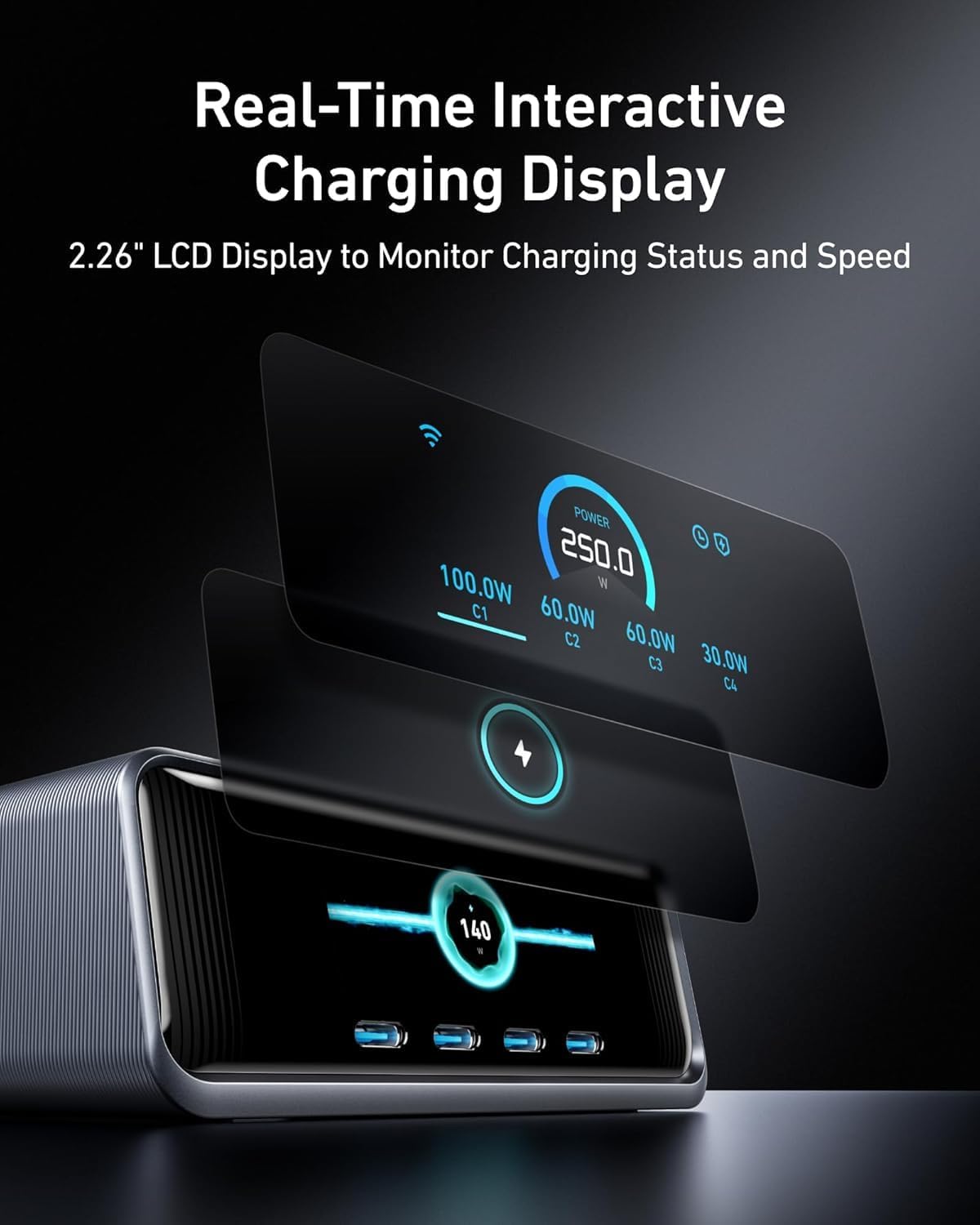 Anker Prime Charging Station, 250W 6-Port GaN USB C Charger, 2.26' LCD Smart Display Control, Compatible with iPhone, Galaxy, MacBook, Dell for Home Office, Gaming Desk Accessories