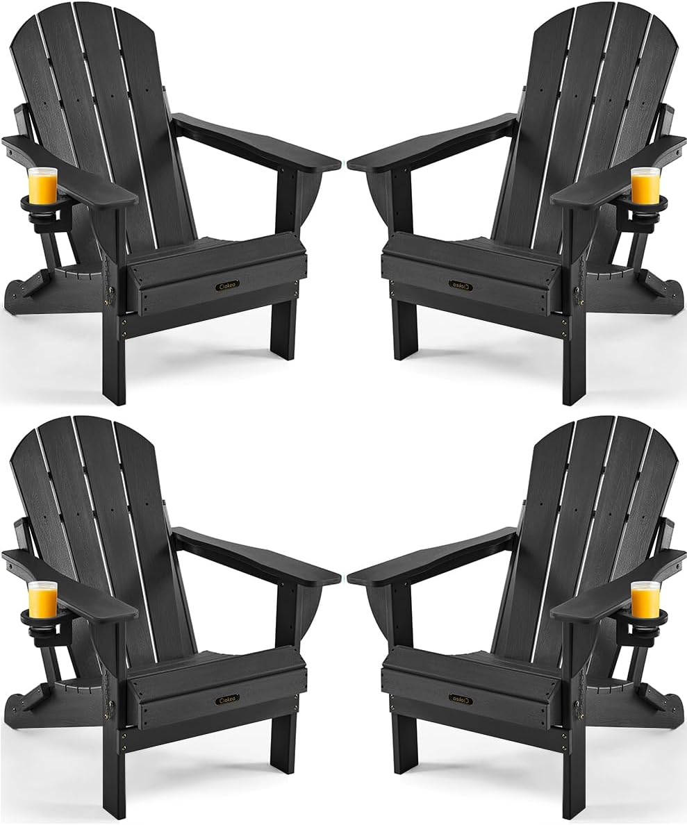 Ciokea Folding Adirondack Chair 4 Pack, Patio Adirondack Chair Weather Resistant, Plastic Fire Pit Chair with Cup Holder, Lawn Chair for Outdoor Porch Garden Backyard Deck (Black)