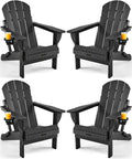 Ciokea Folding Adirondack Chair 4 Pack, Patio Adirondack Chair Weather Resistant, Plastic Fire Pit Chair with Cup Holder, Lawn Chair for Outdoor Porch Garden Backyard Deck (Black)