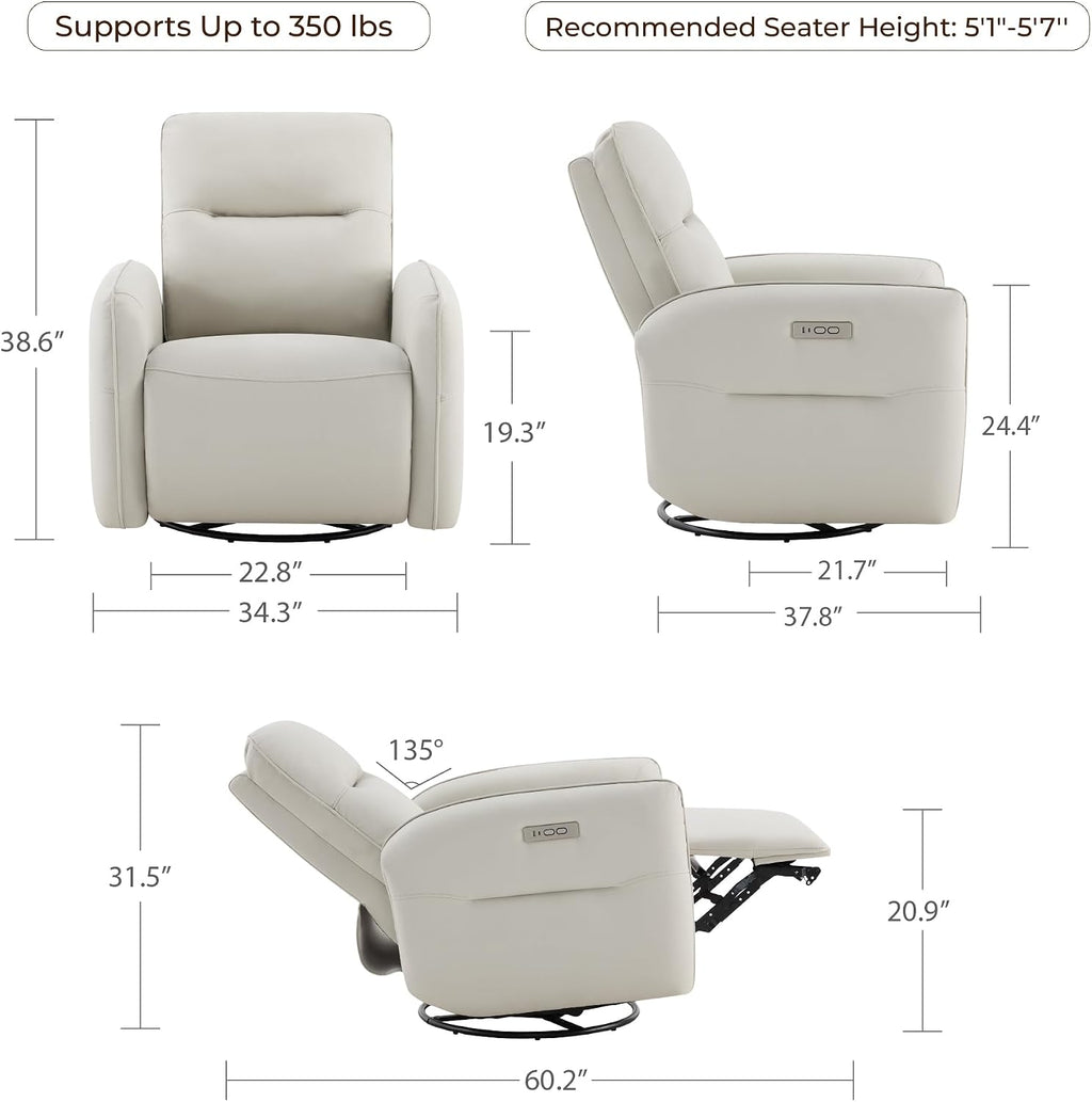 CHITA Faux Leather Power Recliner Chair, Swivel Glider Recliner for Adults, Nursery Rocking Chair with USB & Type-C Charging for Living Room, Bedroom, Creamy Grey